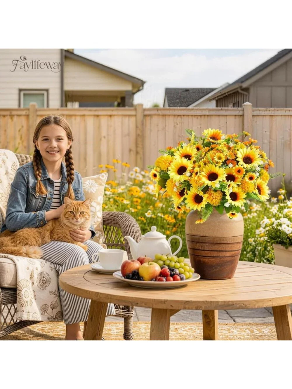 8 Bundles of Faux Sunflowers & Mums - Perfect for Fall Outdoor Decor & Planters